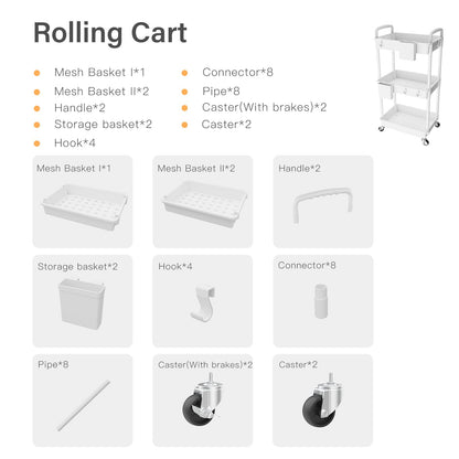 3 Tier Rolling Utility Cart with Handle,REBECAT Utility Cart Made of Multifunctional Storage Organizer Tool for Kitchen,Bathroom,Living Room,Office(White)