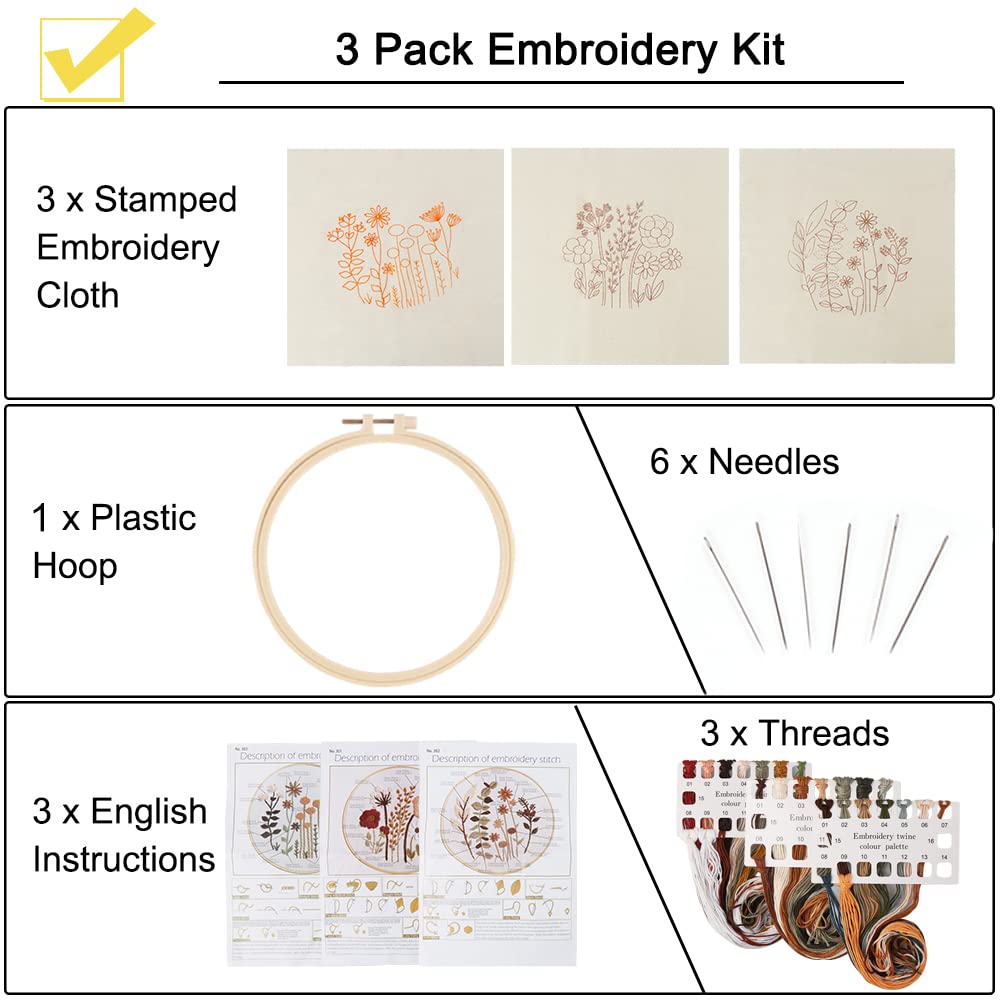 3 Pack Embroidery Starter Kit for Beginners Stamped Cross Stitch Kits with Cute Flowers and Plants Patterns with 1 Embroidery Hoop and Color Threads for Adults Kids