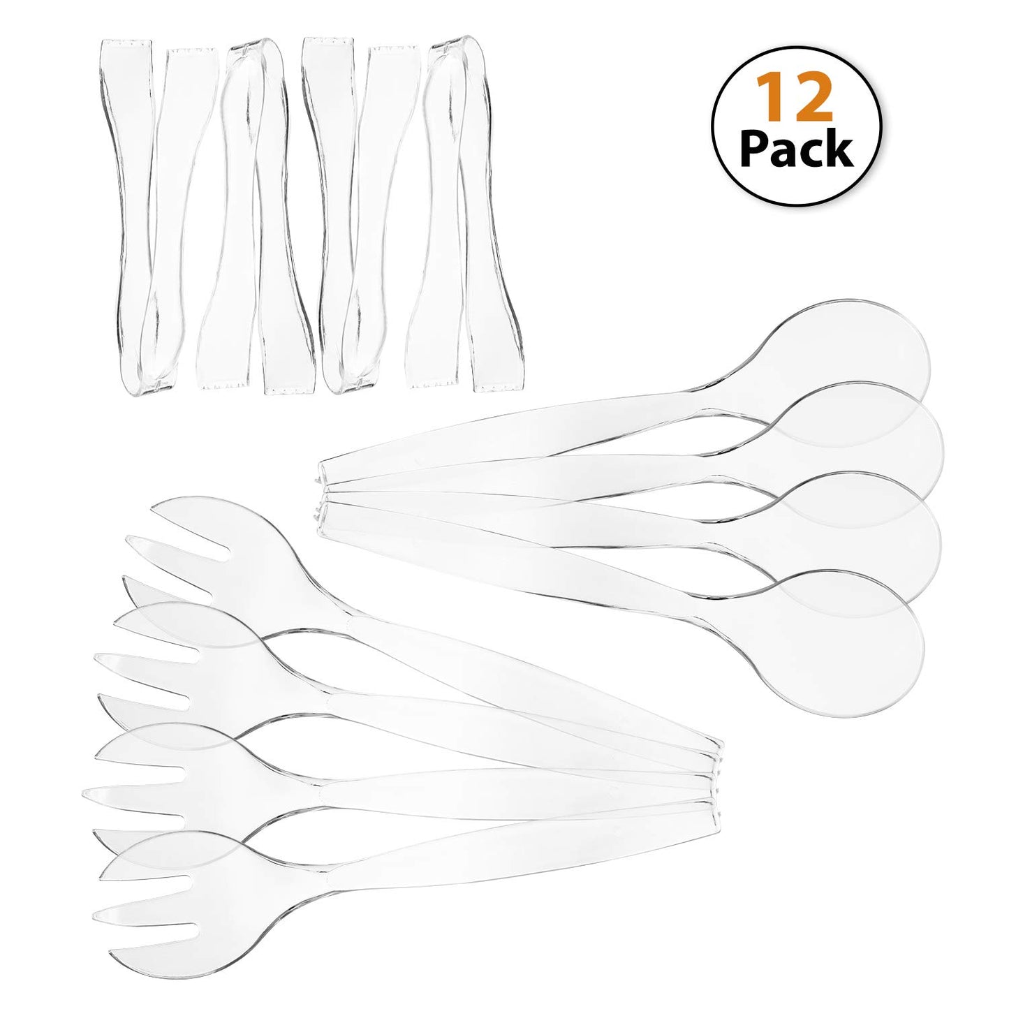 HD Disposable Serving Utensils Set (12), 10' Spoons, 6.5' Tongs, Clear