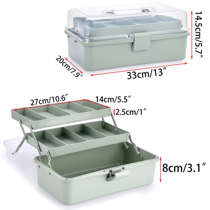 3-Layer Plastic Dividing Storage Box Craft Organizer and Storage with Adjustable Spacers Portable Handled Art Supply Organizer Multipurpose Home Utility Box for Medicine Box Sewing Box Organizer (Haze Green)