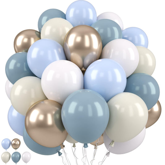 Dusty Blue Balloons, Dusty Blue and Gold Balloons, Baby Shower Balloon Fog Cream Ivory White Champagne Gold Balloon for Boho Birthday Boys Girls Party Wedding Bridal Shower Decorations