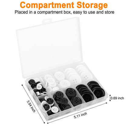 Mixed Sewing Buttons 160Pcs, Round Black 4-Hole Craft Buttons, 5 Sizes White Resin Button, with Separate Compartment Storage Box, Suitable for Sewing, Craft Projects and Holiday Decoration