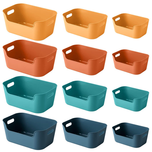 12-Pack Mixed Plastic Storage Bins and Baskets for Efficient Home Classroom Organization - Small Containers in Multiple Colors for Kitchen, Cupboard Box, Bathroom Organizer on Shelves and Tubs