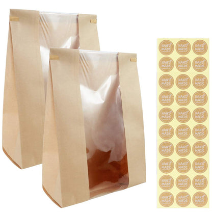 50 Pack Large Kraft Paper Bread Loaf Bag with Clear Front Window,Tin Tie Tab Lock Brown Bakery Coffee Cookie Treat Packaging Bags with 60 PCS Label Seal stickers(14" x 8.3" x 3.5")