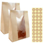 50 Pack Large Kraft Paper Bread Loaf Bag with Clear Front Window,Tin Tie Tab Lock Brown Bakery Coffee Cookie Treat Packaging Bags with 60 PCS Label Seal stickers(14" x 8.3" x 3.5")