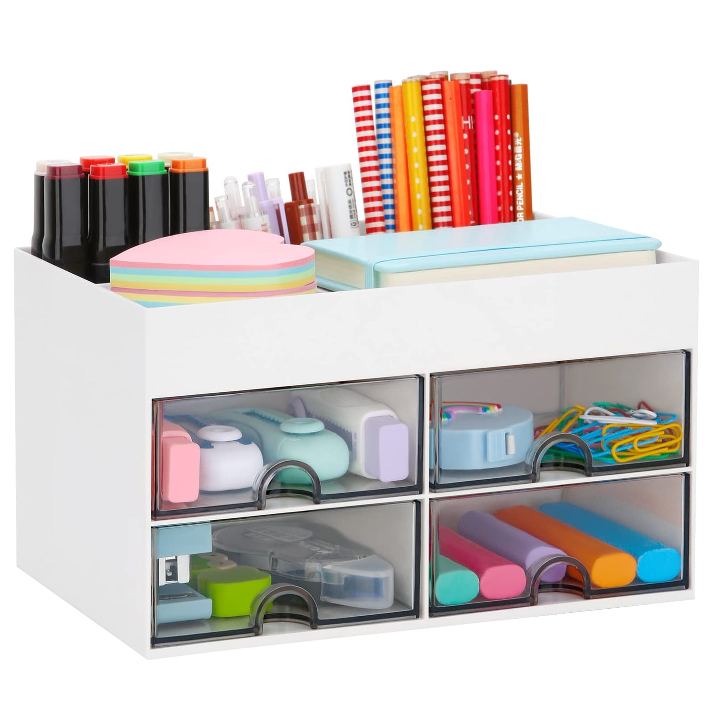 Desktop Organizer with Drawer, Accessories Stationary Organizer Desk Caddy, Pen/Pencil/Business Card/Sticky Note Tray/Paperclip Holder Storage Box (White)