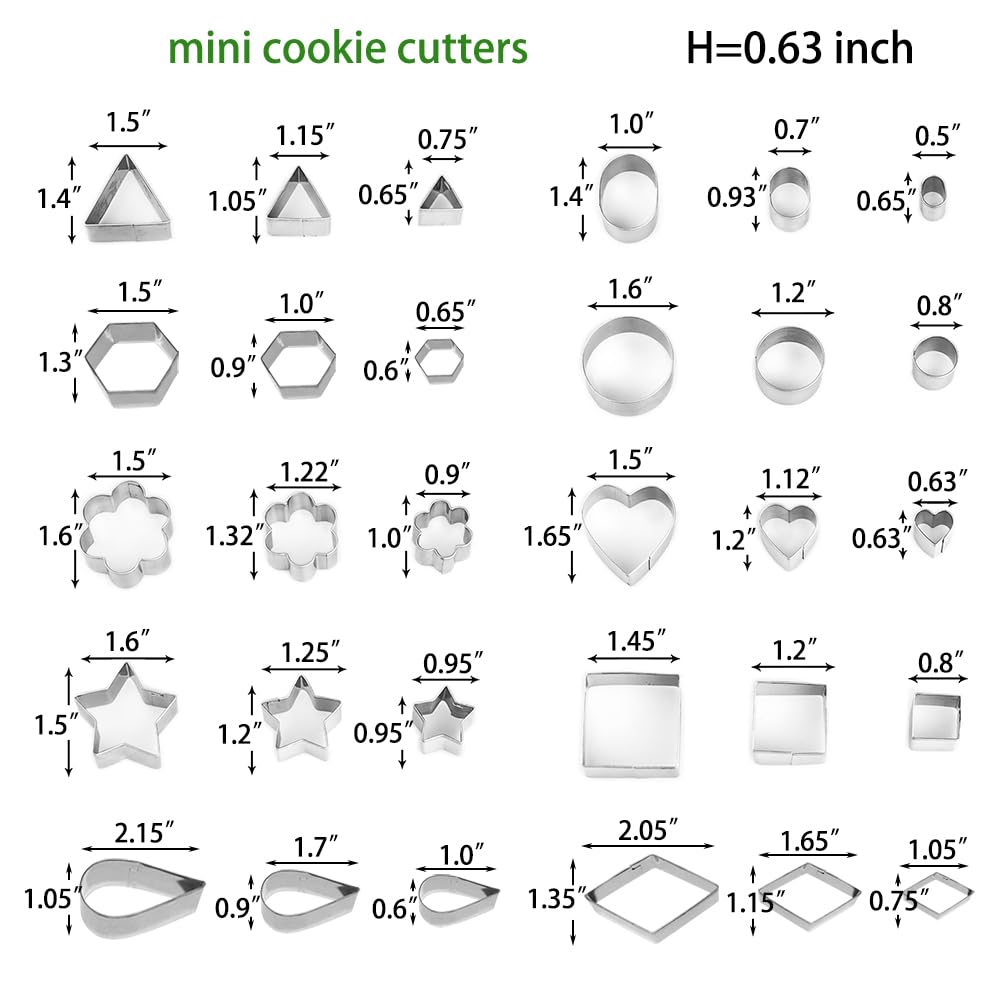 Mini Cookie Cutters Set- Small Heart Star Flower Round Square Hexagon Oval Diamond - 30Pcs Stainless Steel Cookie Cutters - Polymer Clay Cutters Mini Fruit Cutter Small Biscuit Cookie Cutters for Kids