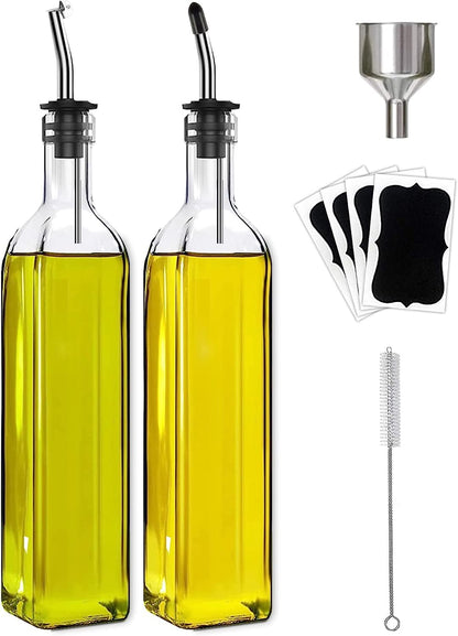 Olive Oil Dispenser Bottle, 2 Pcs Glass Olive Oil Dispenser and Vinegar Dispenser Set with 2 Stainless Steel Pourers, 4 Labels,1 Brush and 1 Funnel Oil Bottles for Kitchen (500ml) & Organizer Storage Tote Bag