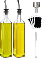 Olive Oil Dispenser Bottle, 2 Pcs Glass Olive Oil Dispenser and Vinegar Dispenser Set with 2 Stainless Steel Pourers, 4 Labels,1 Brush and 1 Funnel Oil Bottles for Kitchen (500ml) & Organizer Storage Tote Bag