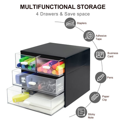 Desk Organizer with Drawer, Desk Storage Box, Plastic Office Stationery Supplies Organizers, Desktop Organizer for Office School Home (4 drawer, Black)