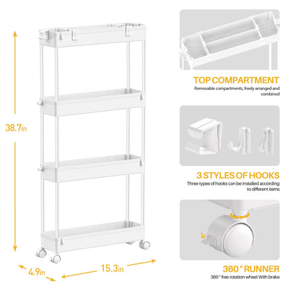 Slim Storage Cart 4 Tier,Bathroom Organizer Rolling Utility, Mobile Shelving Unit Slide Out for Office, Kitchen, Laundry Room & Narrow Places,White