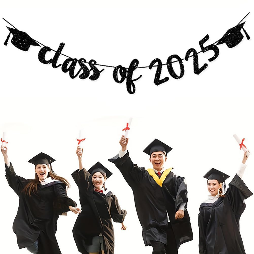 2025 Graduation Banners Party Decorations, Black Class of 2025 with Hat Graduation Banners Garland for Congratulation Graduations Party Supplies, School, Home, Car Decorations