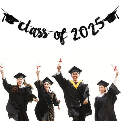 2025 Graduation Banners Party Decorations, Black Class of 2025 with Hat Graduation Banners Garland for Congratulation Graduations Party Supplies, School, Home, Car Decorations