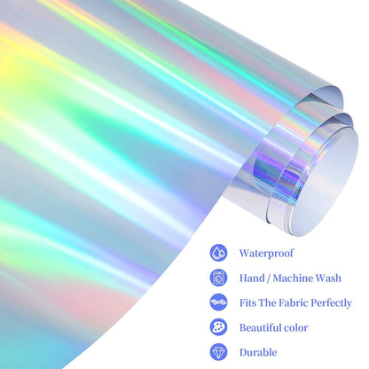 Rainbow Silver Holographic Heat Transfer Vinyl 12" x 6ft Silver Metallic HTV for T-Shirts, Clothing, Rainbow Iron on Vinyl Work with Craft Cutter