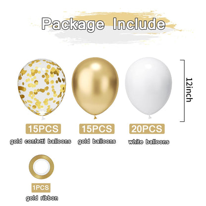 White and Gold Confetti Latex Balloons, 50 Pack 12 inch gold and white Party Balloons with Ribbons for Birthday Graduation Wedding Bridal Shower Party Decoration