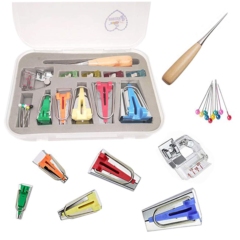 Bias Tape Maker Kits All 5 Sizes 6MM 9MM 12MM 18MM 25MM Binding Foot Craft Clips Awl Quilter's Pin