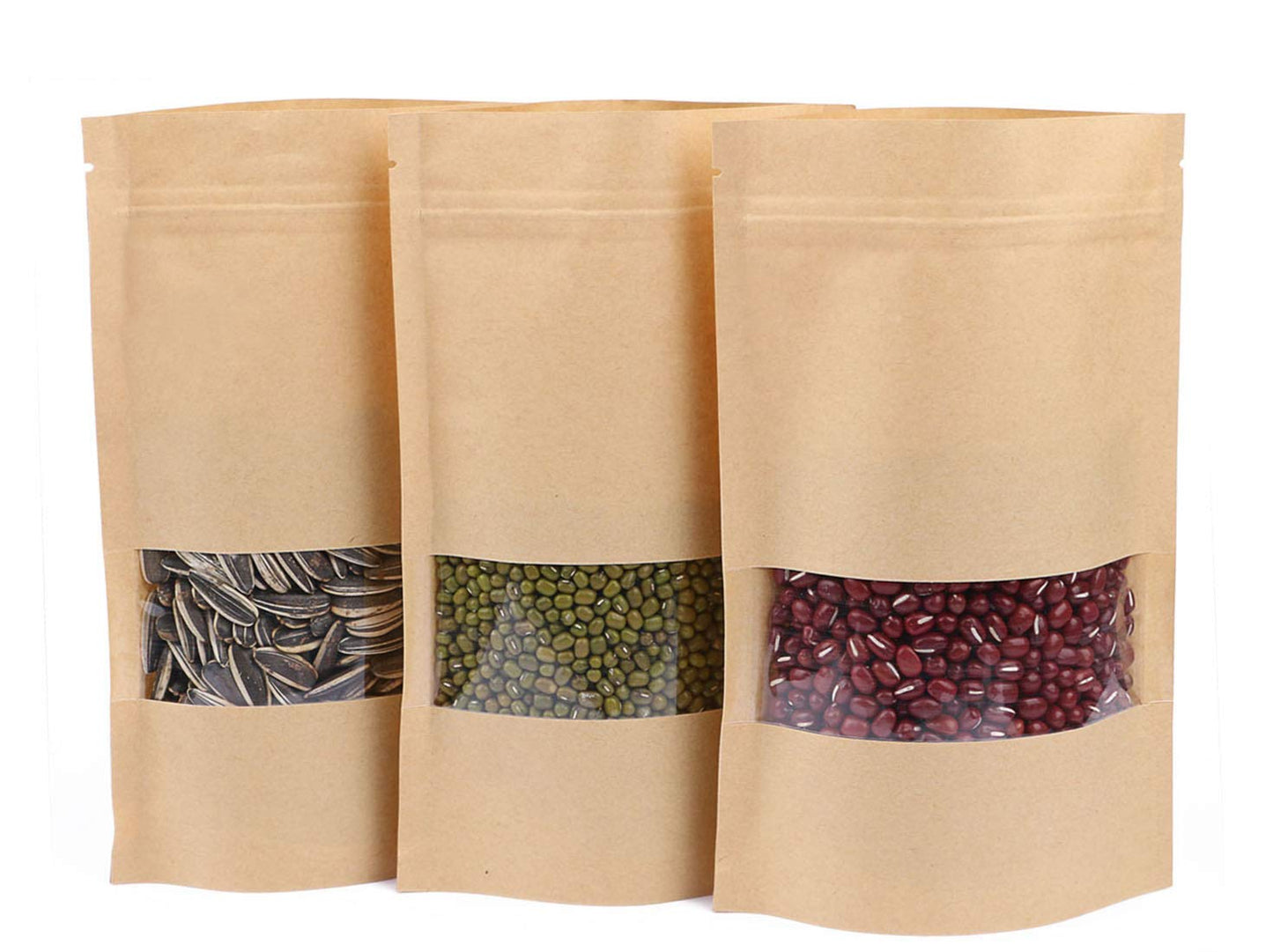 Stand Up Pouches 100pcs, 7.8''×4.6'' Resealable Bags for Small Business, Resealable Kraft Paper Bags with Window, Paper Bakery Bag for Small Business, Family, Company