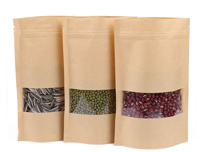 Stand Up Pouches 100pcs, 7.8''×4.6'' Resealable Bags for Small Business, Resealable Kraft Paper Bags with Window, Paper Bakery Bag for Small Business, Family, Company