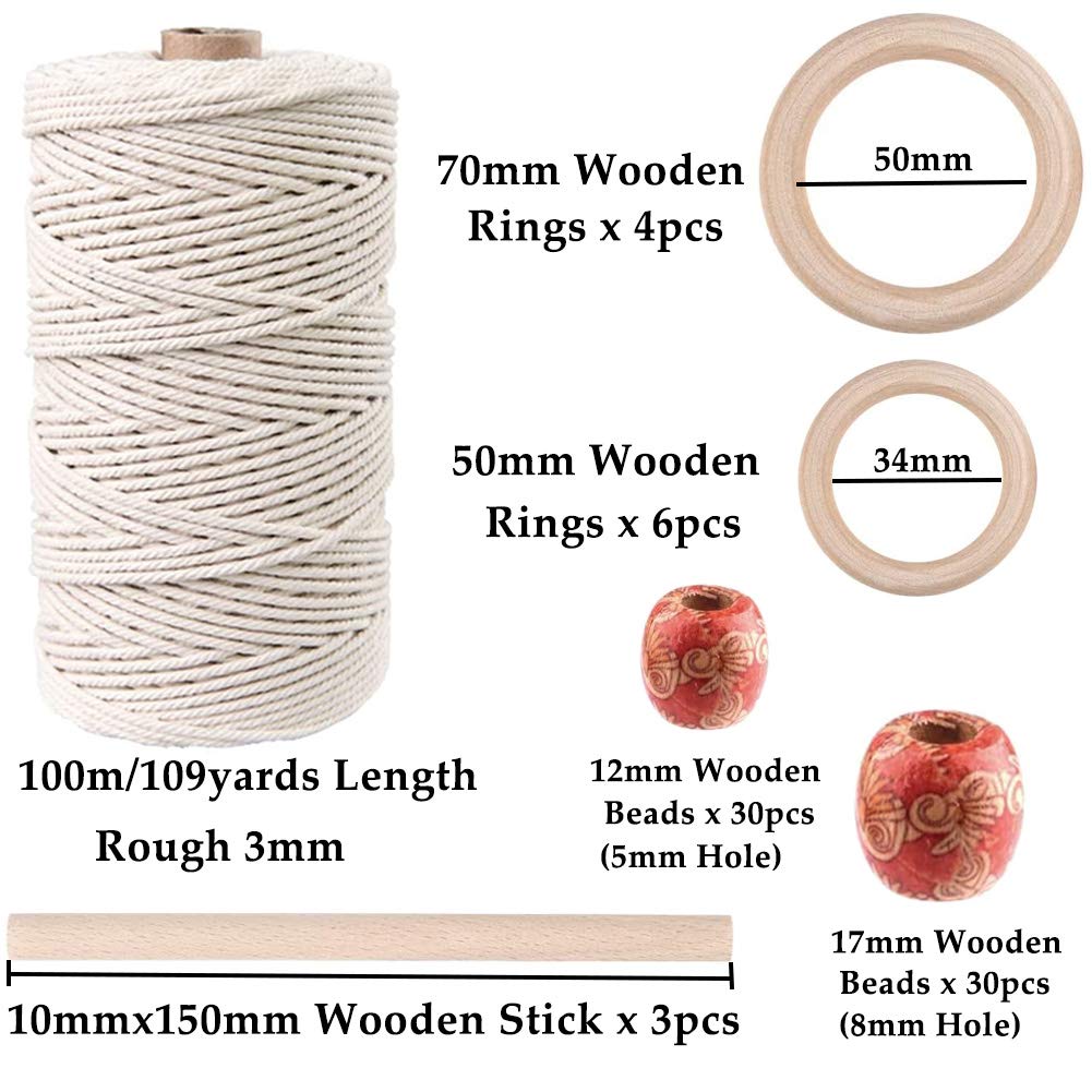 120pcs Macrame Kits for Beginners 3mm x 109yards Natural Cotton Macrame Cord with Wooden Beads & Rings,Wooden Sticks,Metal Rings Macrame Supplies Best for Macrame Plant Hanger