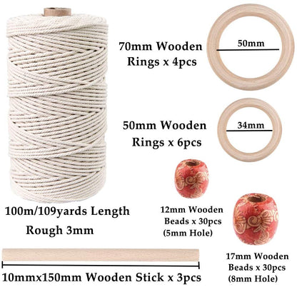 120pcs Macrame Kits for Beginners 3mm x 109yards Natural Cotton Macrame Cord with Wooden Beads & Rings,Wooden Sticks,Metal Rings Macrame Supplies Best for Macrame Plant Hanger