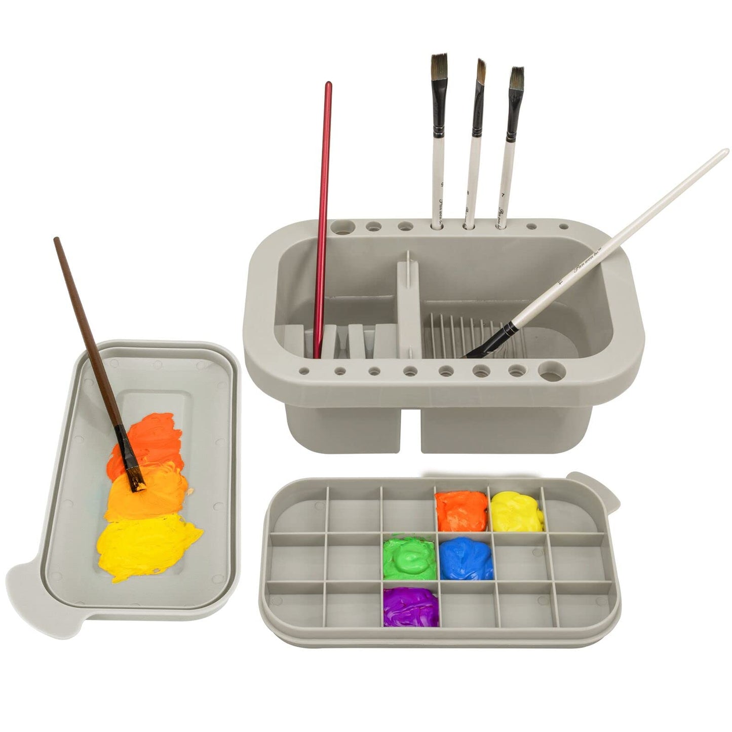 Paint Brush Cleaner, Paint Brush Holder and Organizers with Palette for Acrylic, Watercolor, and Water-Based Paints (Grey)