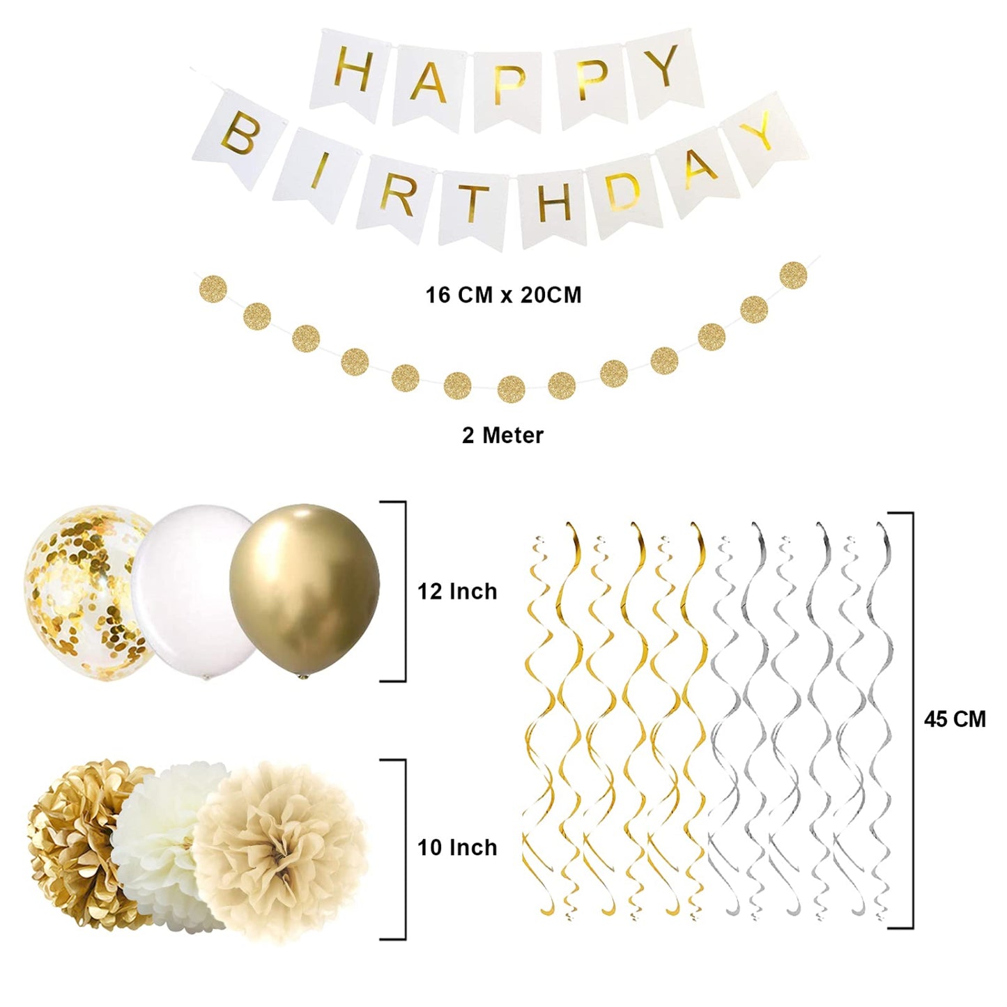 Gold Party Decorations, Happy Birthday Banner - 16th 18th 21th 30th 40th 50th 60th 70th Gold White Supplies Balloons