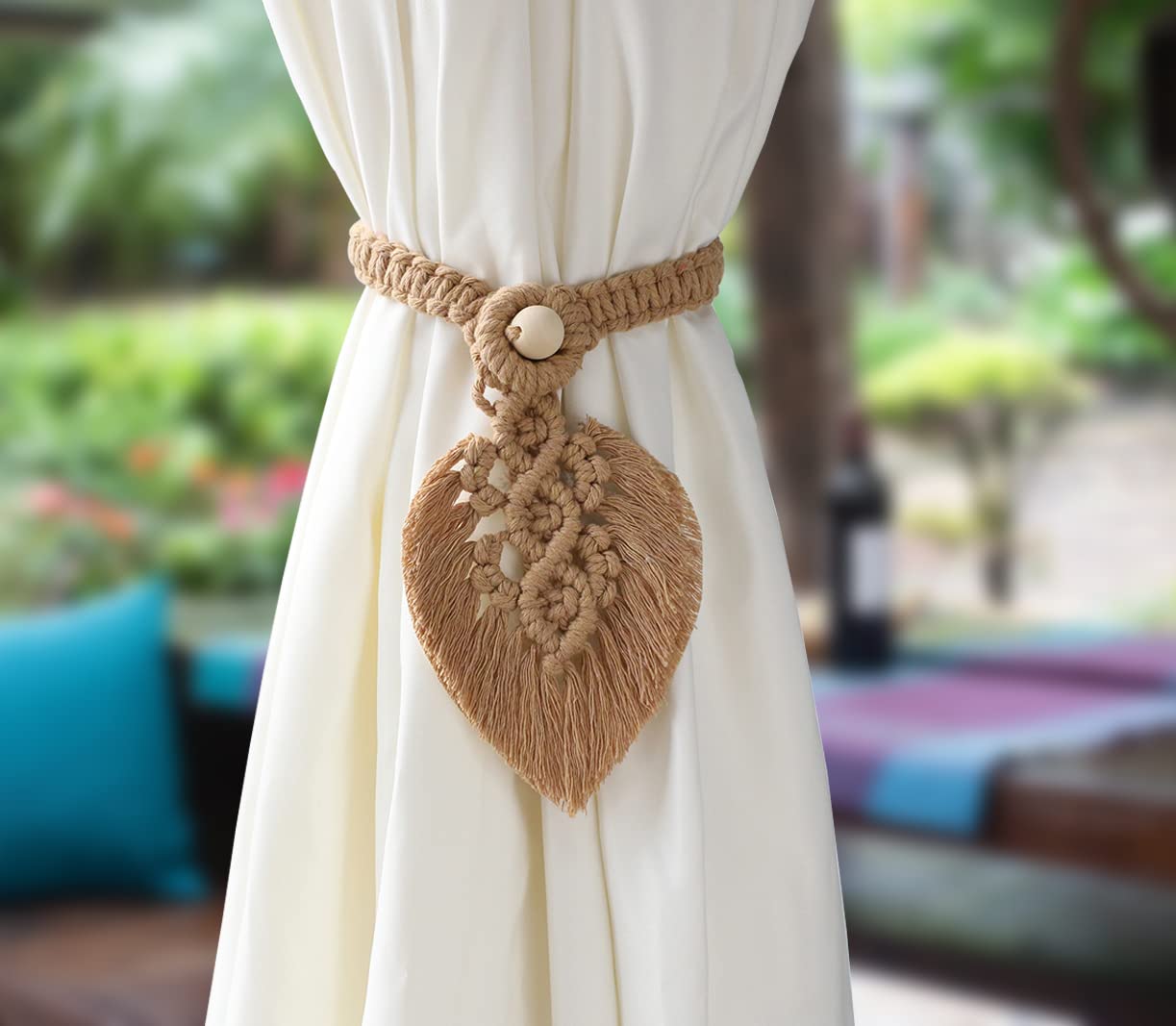 2Pack Curtain Tiebacks Handmade Holdbacks - Farmhouse Curtain Tie Back Holder by Hand-Woven Cotton Rope, Bohemian Home Decor Drapery Holdback