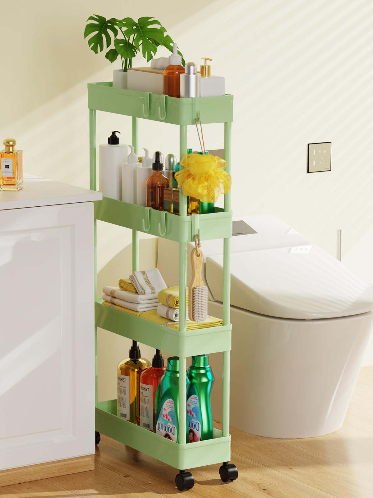 5.1" Slim Storage Cart - 4 Tiers Bathroom Organizer Mobile Shelving Unit Storage Rolling Utility Cart Slide Out Organizer for Kitchen Bathroom Laundry Narrow Places, Green