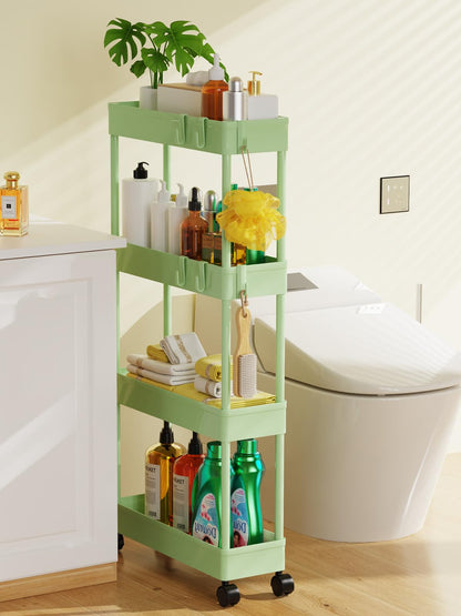 5.1" Slim Storage Cart - 4 Tiers Bathroom Organizer Mobile Shelving Unit Storage Rolling Utility Cart Slide Out Organizer for Kitchen Bathroom Laundry Narrow Places, Green