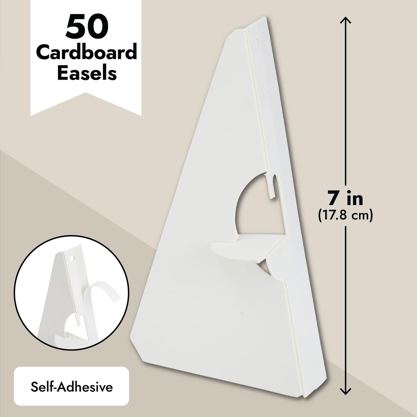 50-Pack Self-Stick 7 in Cardboard Easel Backs, Picture Frame and Art Easel Stand Bulk Pack for Photographs, Artwork, Posters, Signs, and Craft Projects (White)