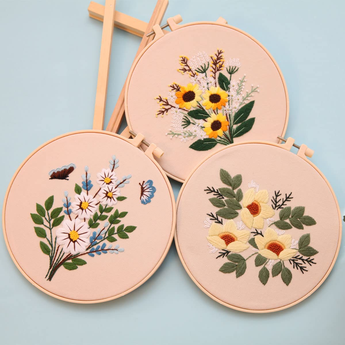 Embroidery Kit for Beginners,Cross Stitch Kits for Adults DIY Craft 3pcs Embroidery Pattern Needlework Fabric Embroidery Thread and Needles 1pcs Embroidery Hoop Adult Stitch Stuff Sewing Kit Gift