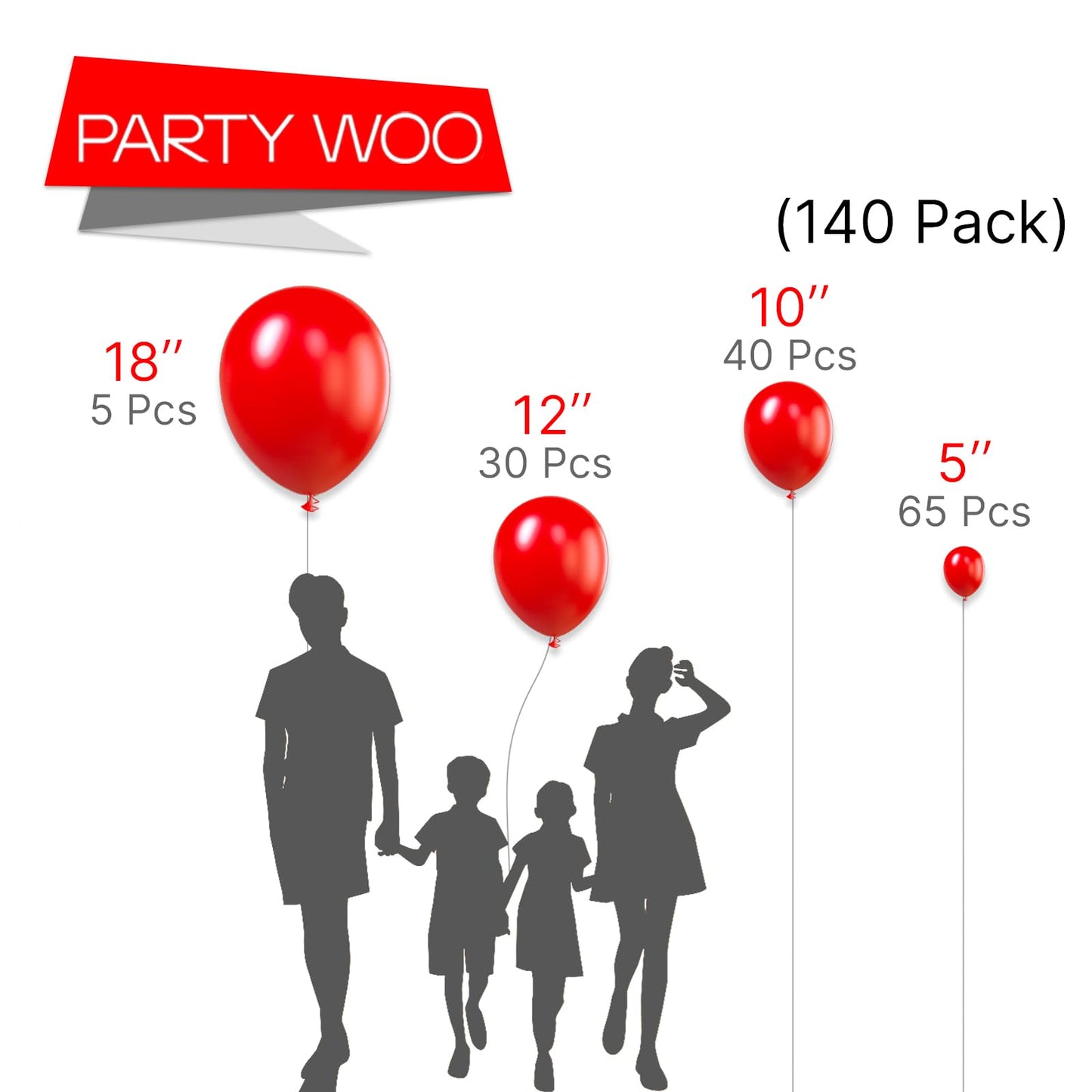 PartyWoo Red Balloons, 140 pcs Matte Different Sizes Pack of 18 Inch 12 Inch 10 Inch 5 Inch Latex Balloons for Balloon Garland or Arch, Birthday Party Decorations, Red-Y57