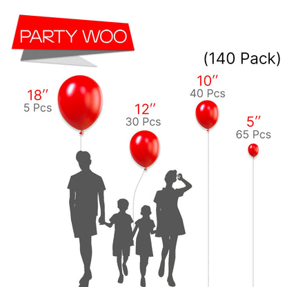 PartyWoo Red Balloons, 140 pcs Matte Different Sizes Pack of 18 Inch 12 Inch 10 Inch 5 Inch Latex Balloons for Balloon Garland or Arch, Birthday Party Decorations, Red-Y57