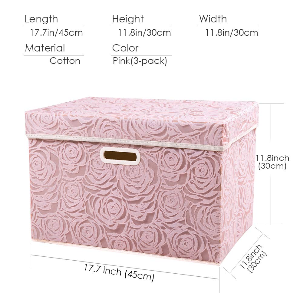 Larger Collapsible Storage Boxes with Lids Fabric Decorative Bins Cubes Organizer Containers Baskets Handles Divider for Bedroom Closet Living Room Pink 17.7x11.8x11.8 Inch 3 Pack