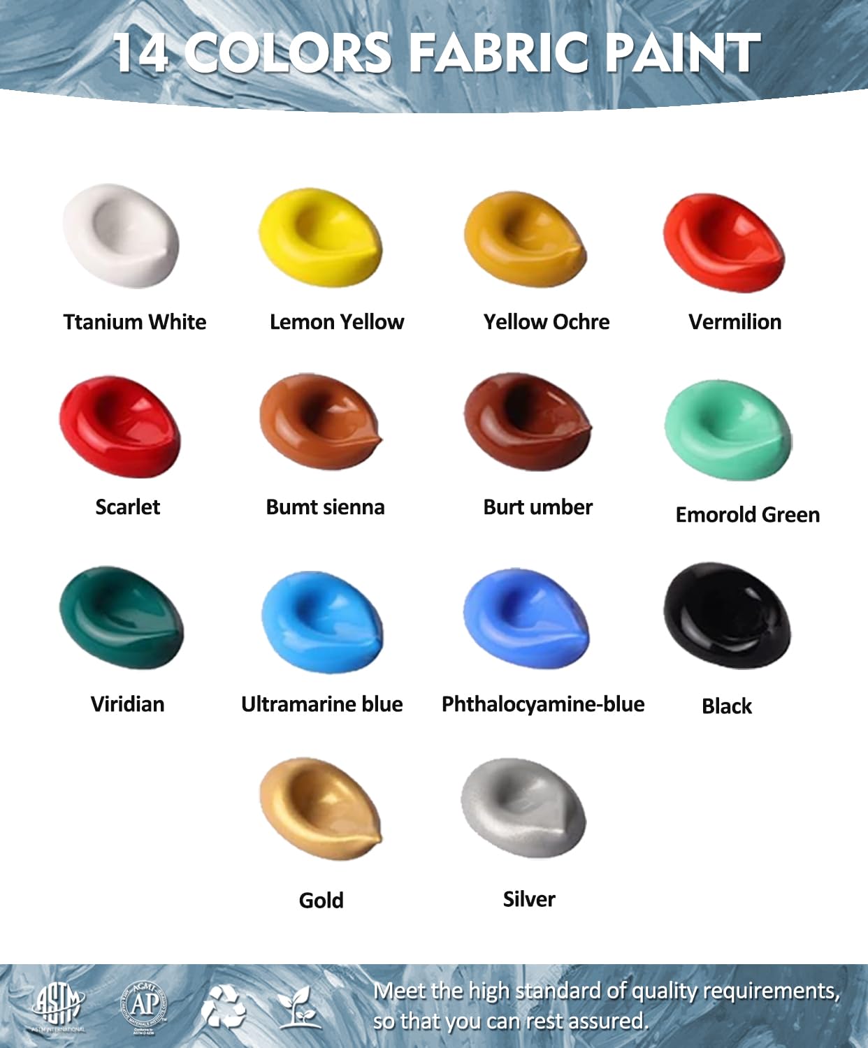 Permanent Fabric Paint, 14 Colors Soft Fabric Paint in Bottles (30ml/1oz) with Brushes, Palette, Non-Toxic Textile Paint for Creative DIY Clothes, T-Shirts, Shoes Art and Crafts