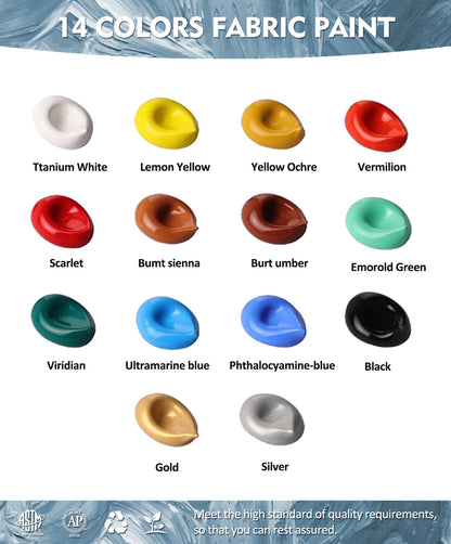 Permanent Fabric Paint, 14 Colors Soft Fabric Paint in Bottles (30ml/1oz) with Brushes, Palette, Non-Toxic Textile Paint for Creative DIY Clothes, T-Shirts, Shoes Art and Crafts