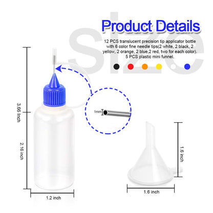 12pcs Precision Tip Applicator Bottles with 5 Mini Funnels, YGDZ 30ml Needle Tip Squeeze Glue Bottles for Paint Quilling Craft, 6 Colors
