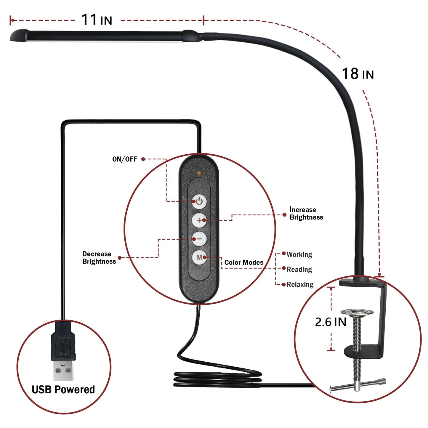 LED Desk Lamp with Clamp, Clamp Light with 30 Adjustable Color Modes, Clip on Light with Long Flexible Gooseneck, Eye Care Lamp Clamp for Study, Work, Home, Office, Black, 12W