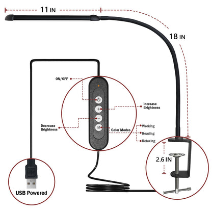 LED Desk Lamp with Clamp, Clamp Light with 30 Adjustable Color Modes, Clip on Light with Long Flexible Gooseneck, Eye Care Lamp Clamp for Study, Work, Home, Office, Black, 12W