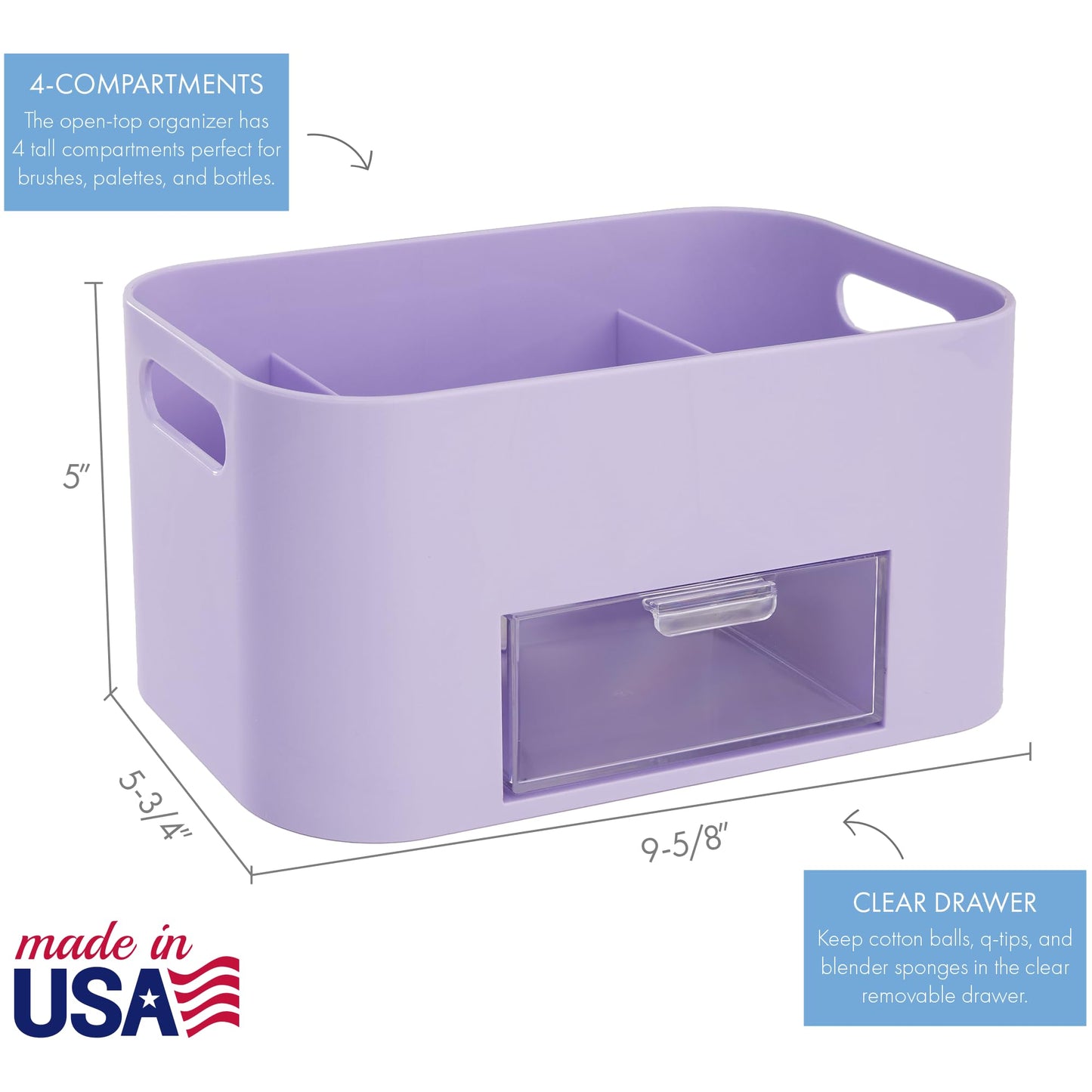 Bliss Lilac Purple Makeup Organizer for Countertop, Divided Bathroom Organizer & Storage Drawer, Makeup Brush Holder, Cosmetic & Nail Polish Organizer, Made in USA