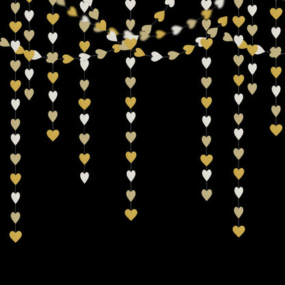 White-Gold Champagne Party-Decorations Heart Streamers Garland - 52Ft Christmas Wedding Engagement Hanging Paper Banner,Bachelorette Neutral Baby Bridal Shower Decor Banners Lasting Surprise