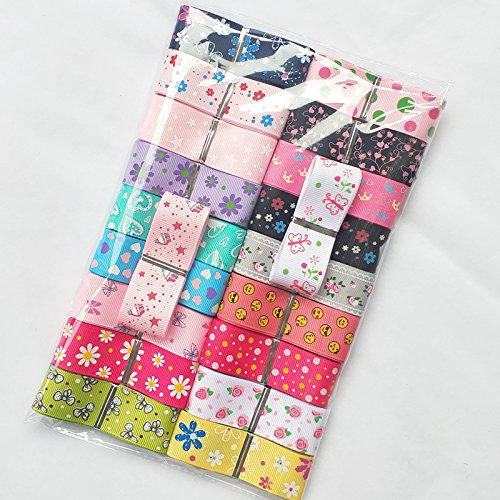 DIY Assorted 20 Yards Grosgrain Ribbon Bow Daisy Butterfly Cake Love Heart Dots Flower Rose Smile Face Craft DIY Packing Hair Bow Accessory