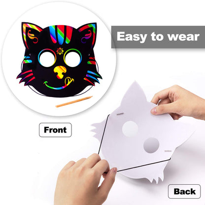 Halloween Mask Craft Kit for Kids, 52 Pcs Kids Magic Scratch Paper Animal Masks, DIY Rainbow Scratch Art Masks for Halloween and Animal Birthday Party