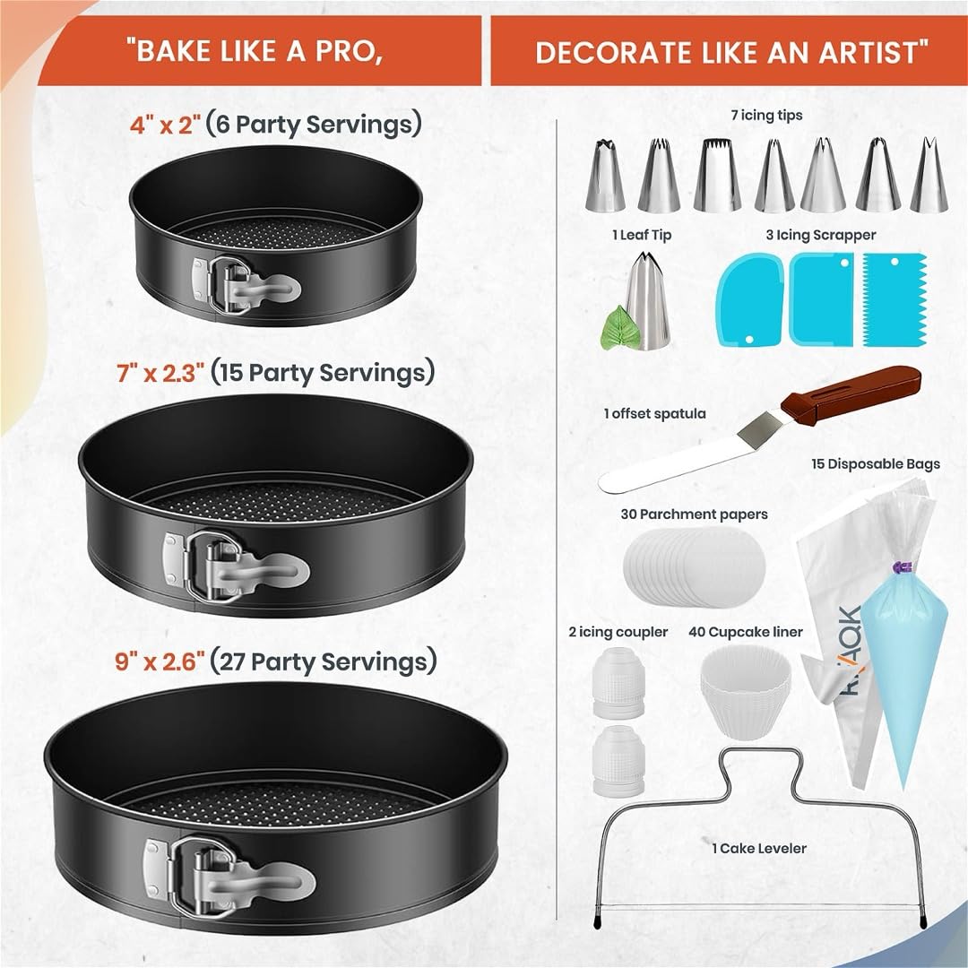 100PCs Cake Pan Sets for Baking - Baking Supplies with 3 Nonstick Springform Pans (4, 7, 9 Inch), Piping Tips, Cake Leveler – Multifunctional Cheesecake Pan, Baking Pans Set & eBook
