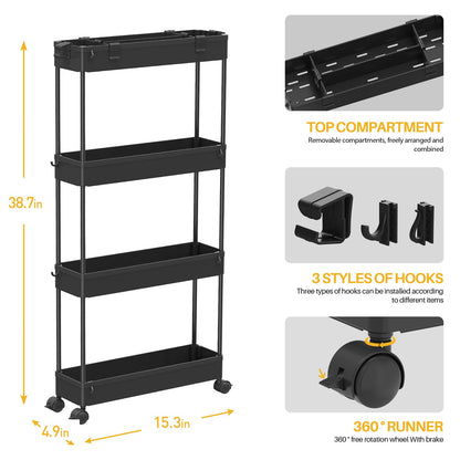 Slim Storage Cart 4 Tier,Bathroom Organizer Rolling Utility,Mobile Shelving Unit Slide Out for Office, Kitchen, Laundry Room & Narrow Places,Black