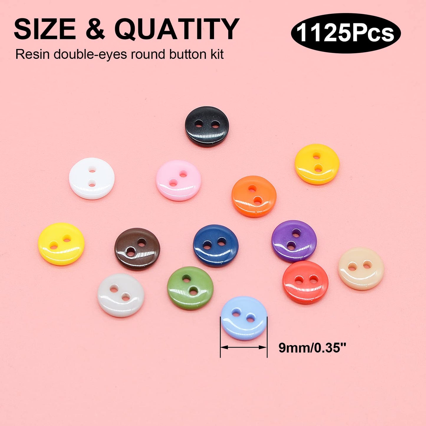 Round 2 Holes Craft Buttons, 1125Pcs 0.35 Inch(9mm) Sewing Buttons, 15 Colors Resin Buttons, for Sewing Children Sweater DIY Crafts Scrapbooking Children's Manual Project
