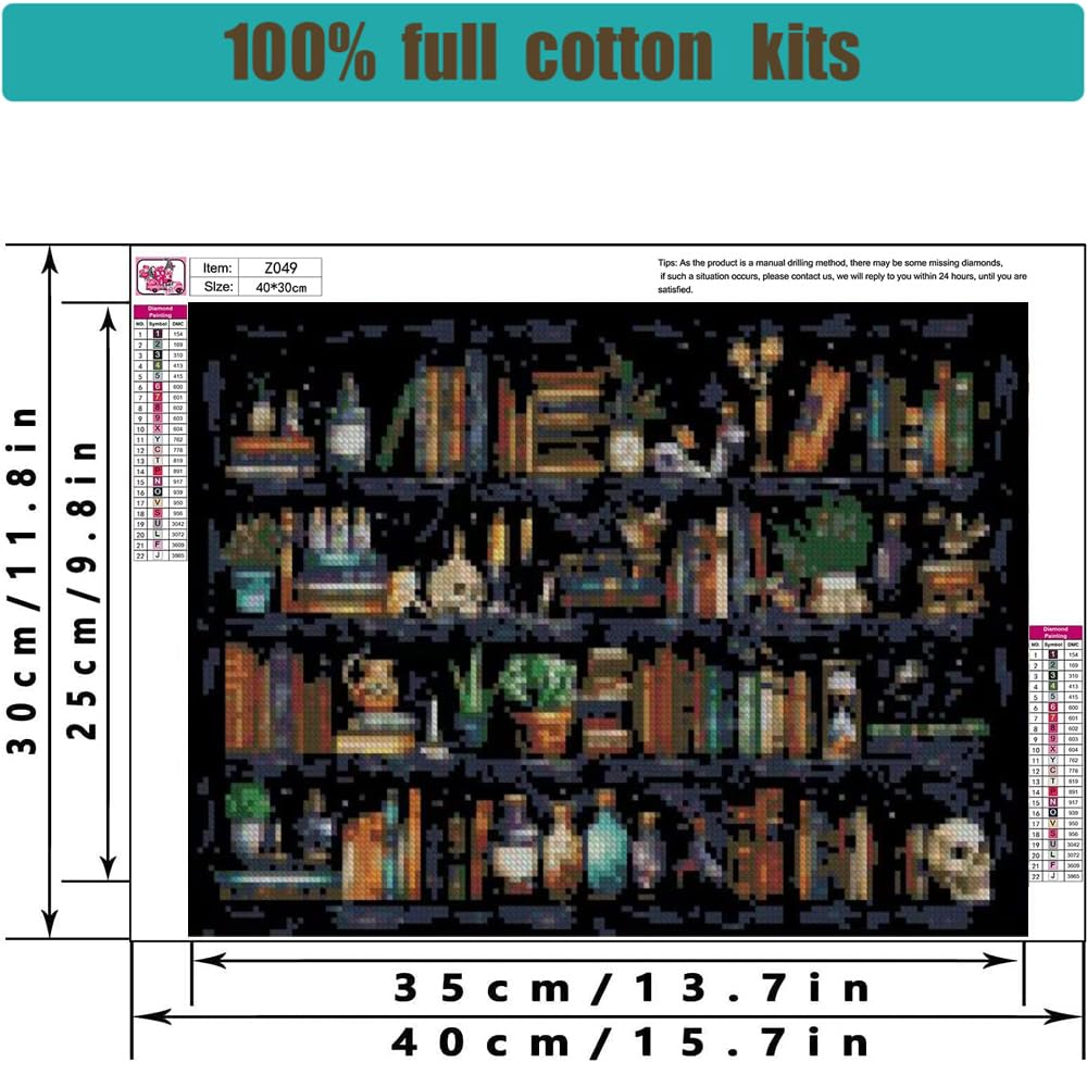 Stamped Cross Stitch Kits for Adults - Bookshelf Embroidery Kits for Beginners Adults,11 CT Patterns Dimensions Counted Cross Stitch Kits for Adults Arts Craft 12x16 inch