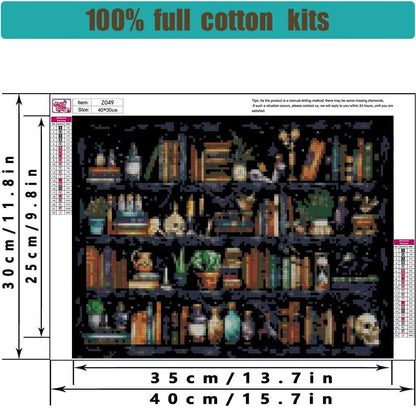 Stamped Cross Stitch Kits for Adults - Bookshelf Embroidery Kits for Beginners Adults,11 CT Patterns Dimensions Counted Cross Stitch Kits for Adults Arts Craft 12x16 inch