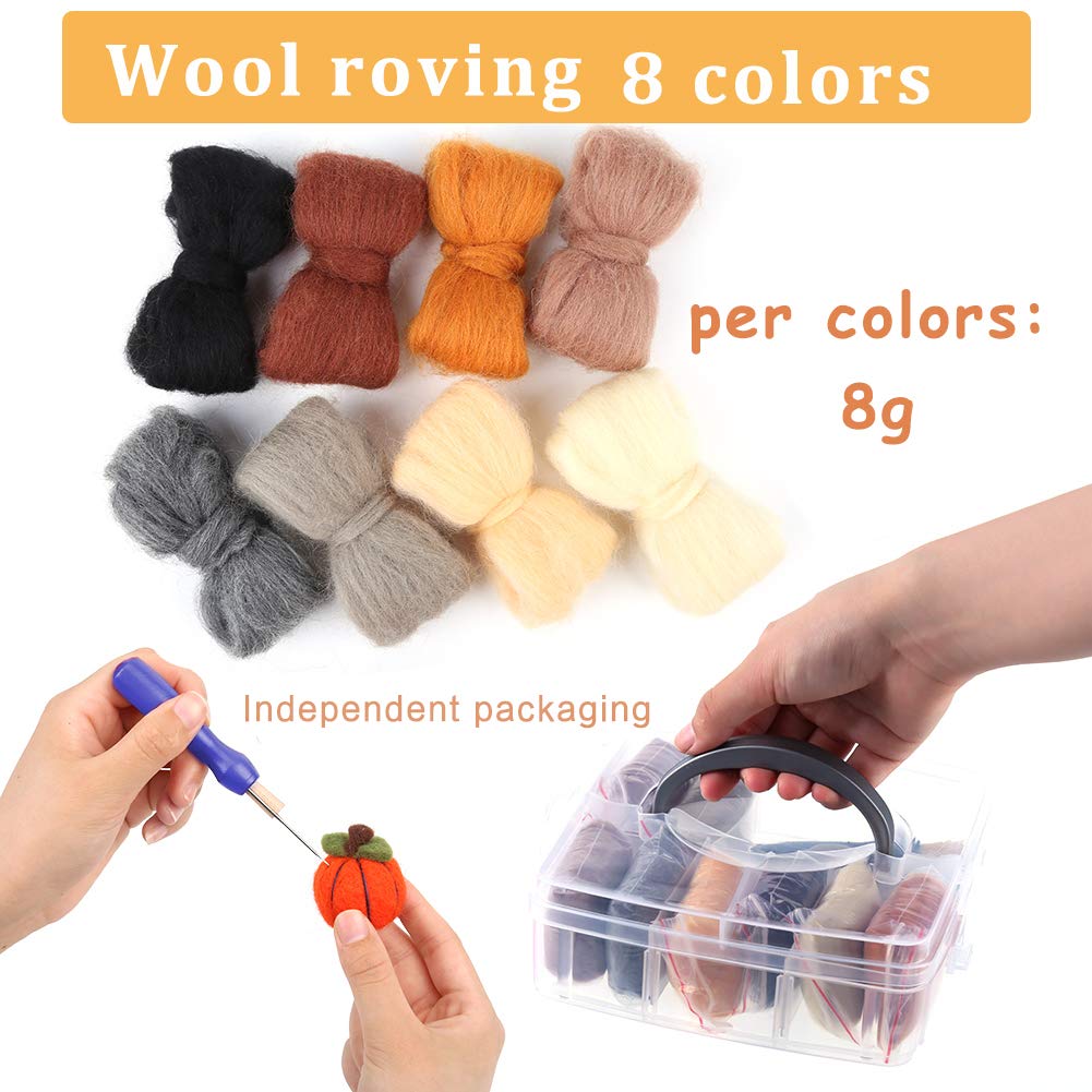 Needle Felting Kit, Needle Felting Starter Kit, 8 Colors Wool Roving Yarn with Wool Felt Tools for Beginners Spinning Felting Supplies, 8g/Color (Dark)
