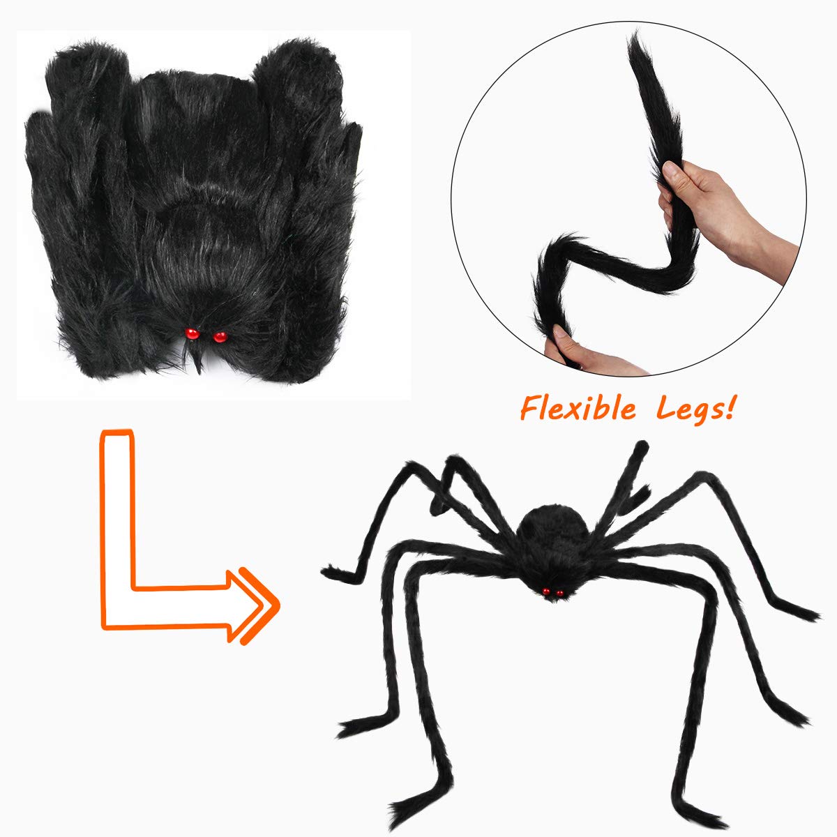 Halloween Giant Spider 6.6 Ft, Libay Outdoor Halloween Decorations Large Fake Hairy Spider Scary Furry Spider Props Outside Yard Creepy Decor, Black